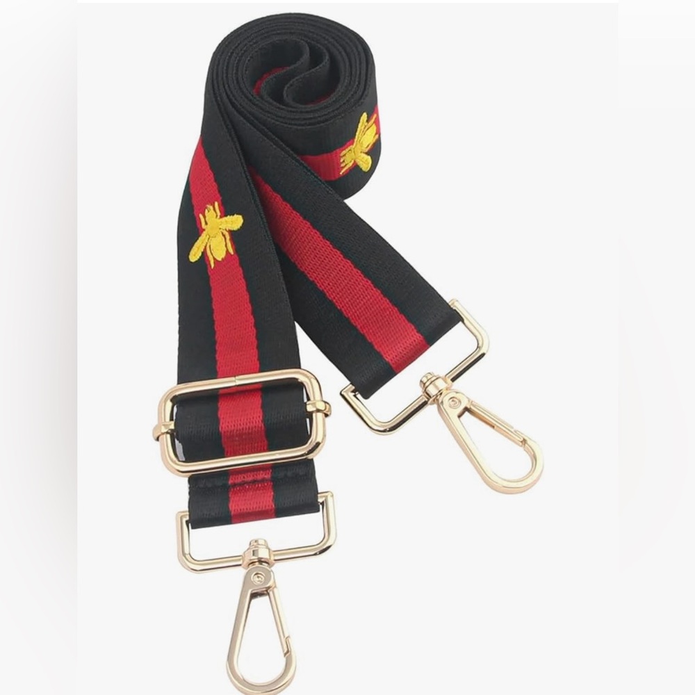 Black and Red Striped Bag Strap with Gold Bee Embroidery
